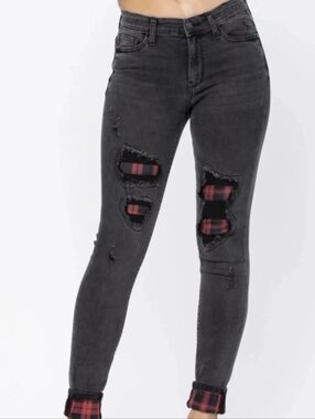 Judy Blue Women’s Size 9 Black Distressed Jeans with Red Plaid Patch Detail